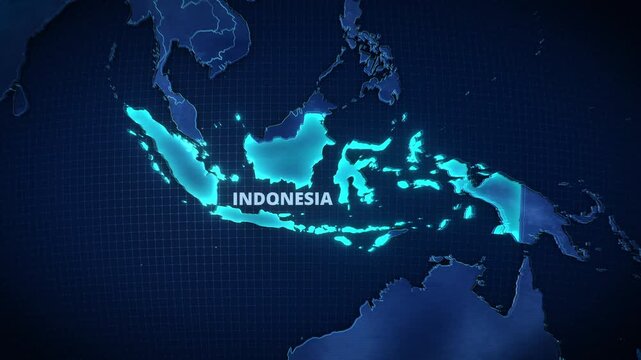 A 3D digital globe animation highlighting Indonesia, Southeast Asia, featuring bright glowing borders and bold typography, ideal for broadcast news or horizontal presentation backgrounds.
