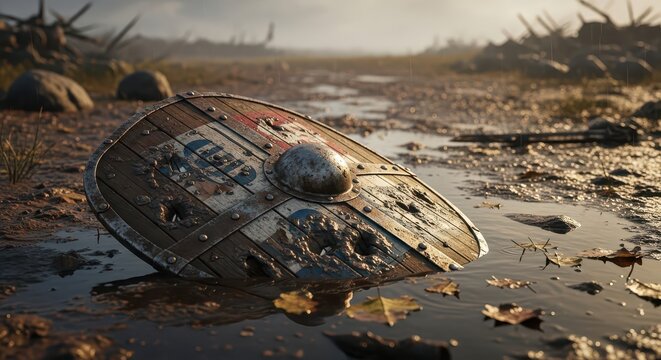 Forgotten viking shield lying in muddy puddle on battlefield aftermath with debris and rain