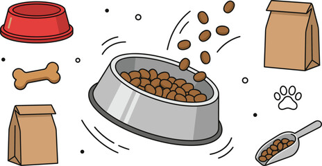 Dry dog food and pet care vector set featuring metallic bowl with crunchy kibbles paper bags bone treat scoop and paw print isolated on white background © mdnazrul
