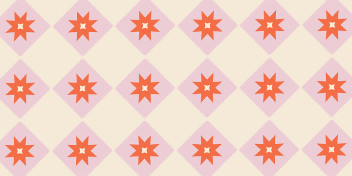 Retro checkered pattern with red floral starburst motifs on pink and cream squares
