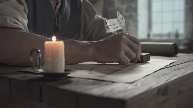 Hands of a craftsman drawing a geometric line on a glider sketch with a quill pen and a wooden square ruler next to a lit candle inside a master studio