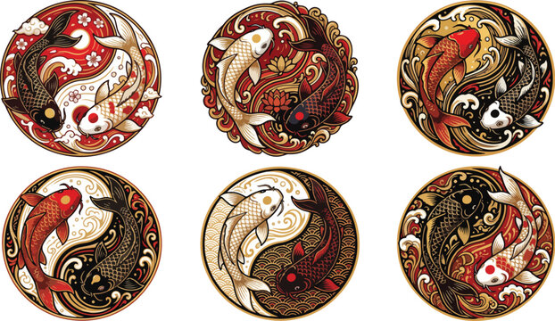 Six decorative yin yang koi fish vector designs representing balance and harmony in Japanese feng shui symbolism