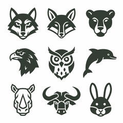 Fototapeta premium Collection of nine stylized animal icons in black and white.