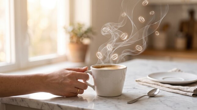 Hand holding a ceramic coffee cup with artistic steam rising in the shape of floating coffee beans on marble kitchen counter morning light