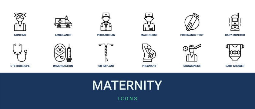 Set of 12 outline web Maternity icons such as baby shower, drowsiness, pregnant, iud implant, immunization, stethoscope, baby monitor vector icons for report, presentation, diagram, web design,