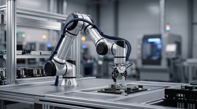 Industrial robotic arm assembling electronic circuit board on automated production line, high tech manufacturing and engineering concept