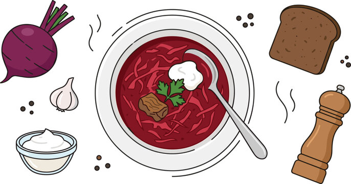 Traditional red borscht soup vector set featuring beetroot bowl sour cream garlic rye bread pepper mill and spoon isolated on white background for culinary design
