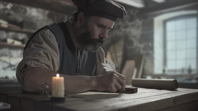 A medieval scholar drawing a line with a quill pen on a geometric sketch using a wooden square near a burning candle while sitting at a rustic table inside a workshop with stone walls