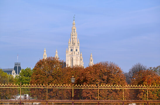 Vienna City Hall Neo Gothic Tower Viewed Behind Volksgarten Park Fence