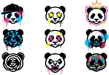 Obraz premium Colorful Graffiti Panda Bear Face Icon Set with Paint Drips