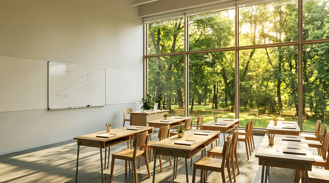 Bright modern classroom with large window overlooking green garden for back to school