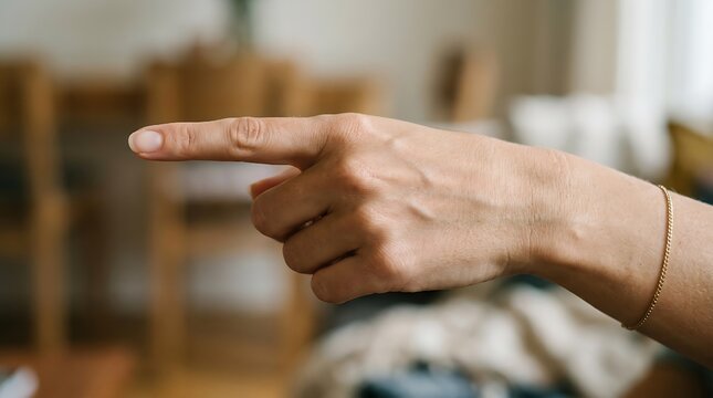 Female right hand points toward the left side. Index finger extends fully in a directional gesture.