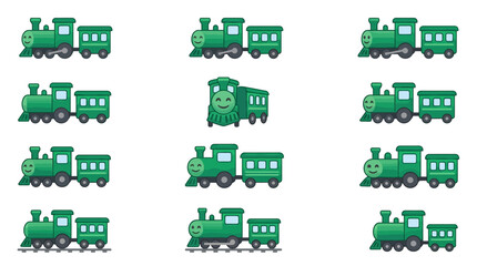 Cute green steam train engine character variations. © Yudi