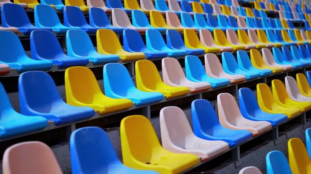 Wide view of empty plastic seating inside a modern sports arena before spectators arrive. Bright colors and orderly rows illustrate preparation for competitions, concerts, and large public gatherings.