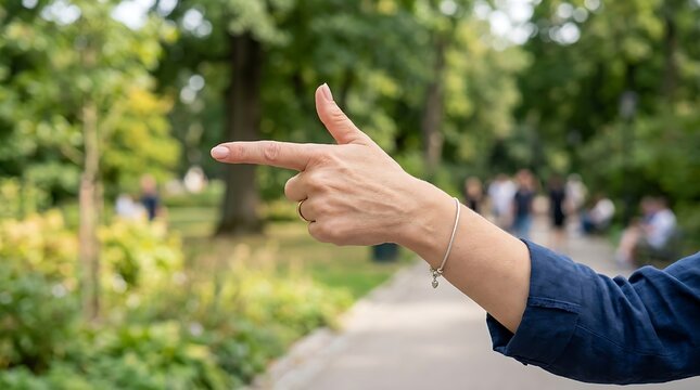 Female right hand points toward the left side. Index finger extends fully in a directional gesture.