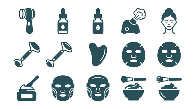 Facial skin treatment and beauty routine icons.