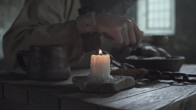 Close up of burning candle and a clay mug on a rustic table against a blurred background of a medieval prisoner locked in chains eating porridge from a bowl inside a gloomy jail cell