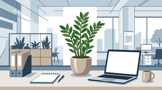 Flat vector illustration of a modern office workspace featuring an open laptop, green potted plant, notepad, pen, coffee mug, and binders on a white desk with a minimalist interior background.