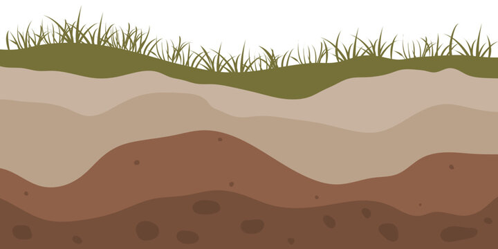 Cross section of soil layers illustration with green grass on top. Detailed underground ground layer showing topsoil, subsoil, clay, and underground rock in flat design style