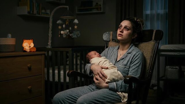 exhausted mother in blue pajamas sitting in rocking chair holding swaddled newborn baby inside dark nursery with glowing fox nightlight feeling overwhelmed experiencing severe maternal fatigue and ext
