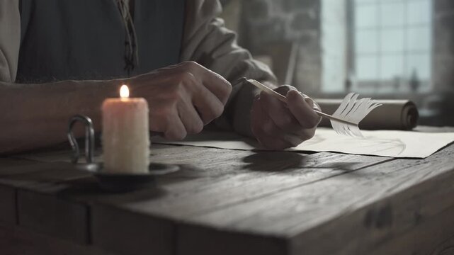 Hands of a medieval artist sharpening a quill pen with a knife and testing the tip with a thumb near a burning candle and a blueprint on a wooden table
