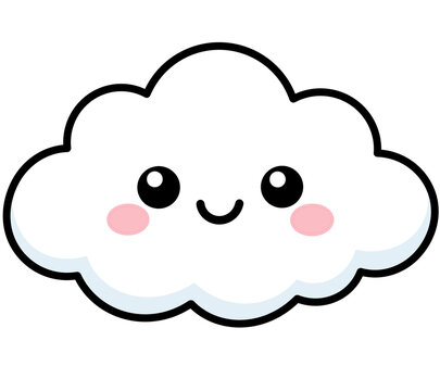 Cute cartoon white cloud isolated element, happy fluffy sky character illustration for kids sticker