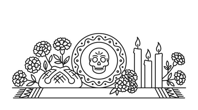 Line art illustration of a traditional Dia de los Muertos altar setup.