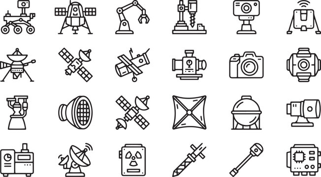 Space exploration technology satellite and rover line icons set