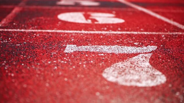 White lane markings and starting numbers on a red athletics track viewed from a low angle. Empty stadium running lanes create a clean sports infrastructure scene emphasizing track and field facilities
