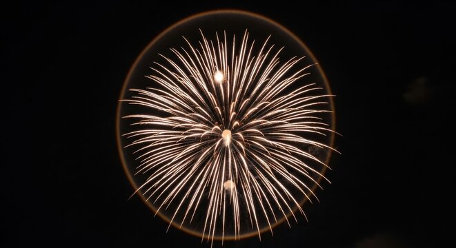 Golden firework burst with radiating white light trails exploding in a symmetrical circular pattern against a solid black night sky background with a faint glowing ring halo effect.