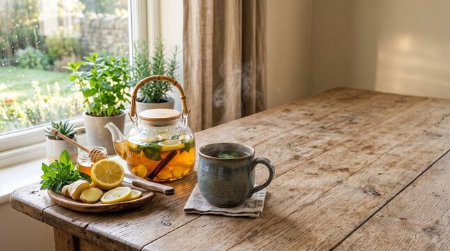 Cozy tea time setup on rustic wooden table by window.