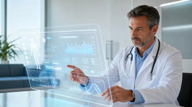 Doctor using AI-powered electronic medical records in a modern hospital consultation room.