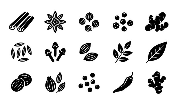 Indian Aromatic Spices Black Silhouette Glyph Icon Set Vector Illustration