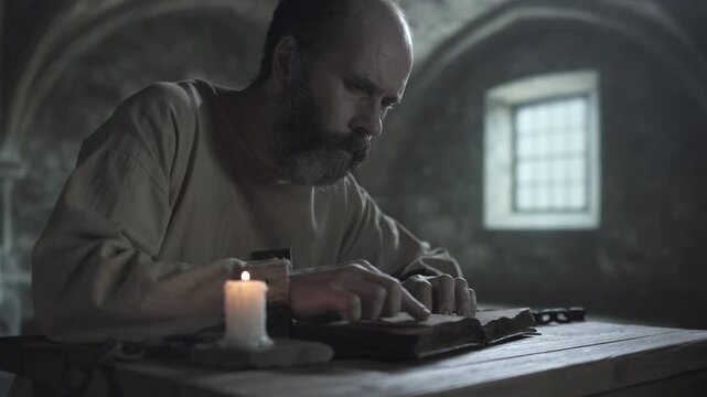 Bearded medieval man in a linen shirt and iron cuffs reading an old book and tracing text with a finger near a solitary burning candle on a wooden table inside a gloomy cell