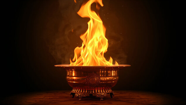 Sacred fire burning brightly in traditional ornate brass metal vessel with ceremony tradition religion spiritual hinduism offering purification mystical background intensity spirituality