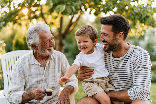 Three Generations of Men Enjoying Family Time Together in a Sunny Backyard Garden