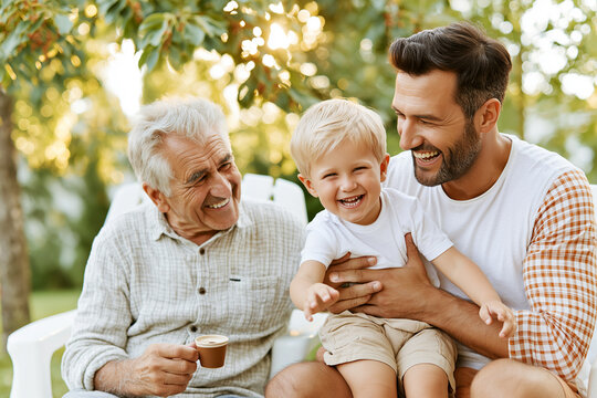 Three Generations of Men Enjoying Family Time Together in a Sunny Backyard Garden