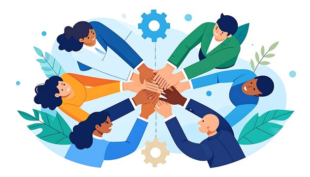 Diverse team of people joining hands in a circle, symbolizing unity, collaboration, and teamwork, with gears and leaves suggesting business growth and nature