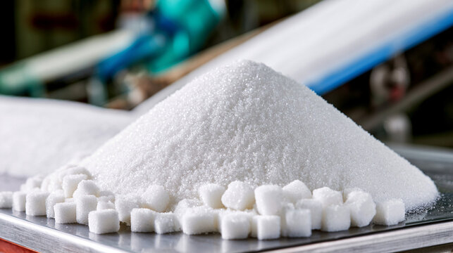 Small pile of white sugar with sugar cubes on metal tray display

