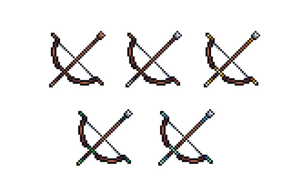 Pixel art bow and arrow weapon tier set. Retro 8-bit archery combat sprites for 2D UI.