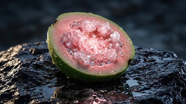 Guava fruit cut in half reveals a crystal-like interior structure placed on a wet dark stone surface.
