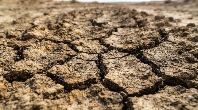 Cracked dry earth texture with deep fissures. Parched soil pattern showing drought and arid climate conditions.
