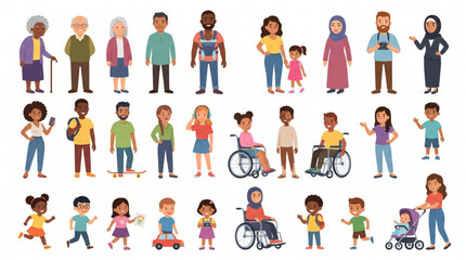 Fototapeta premium Inclusive Society Character Set, Multiracial People of Different Ages Flat Vector 