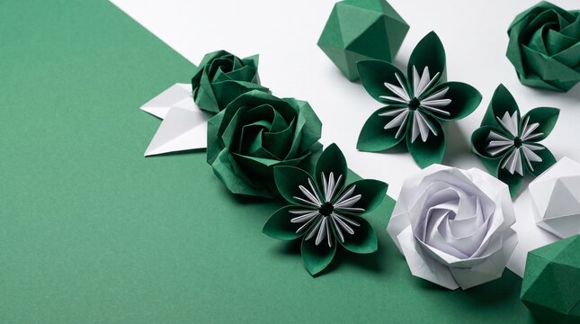Green and white handmade origami paper flowers and geometric shapes arranged on a split background