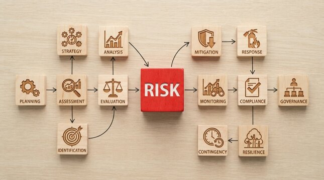 Wooden blocks featuring engraved icons and text organized into a complex professional risk management flow chart displayed on a clean light brown textured wooden surface background