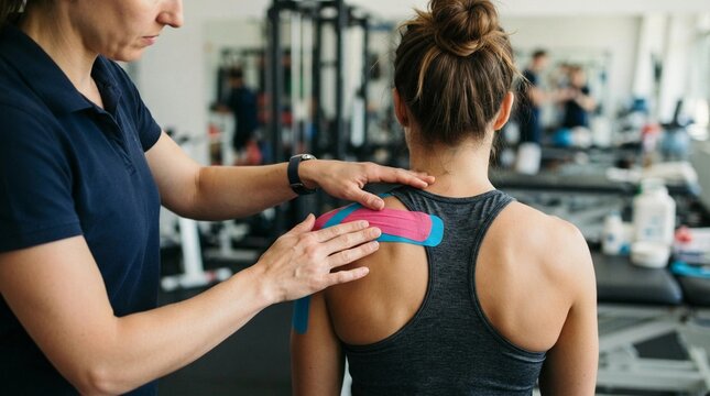 Professional physical therapist applies colorful kinesiology tape to the shoulder of an athlete to provide support and relief during a rehabilitation session in a gym