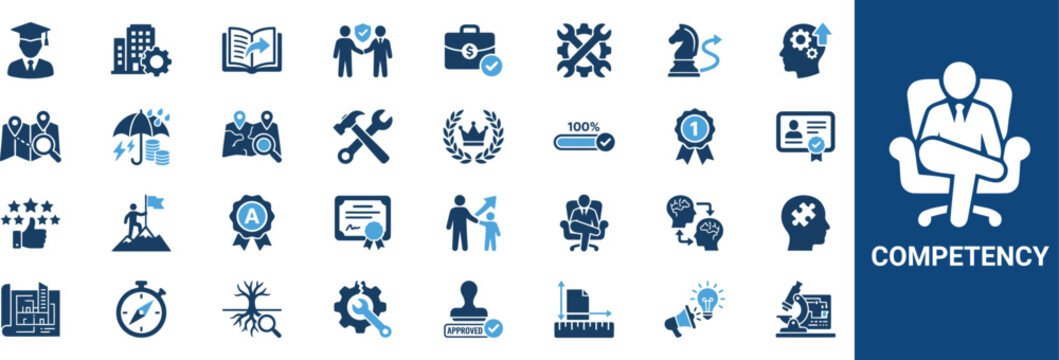 Competency icon set featuring professional skills, leadership, certification, career development, assessment, strategy, expertise, achievement, and performance symbols