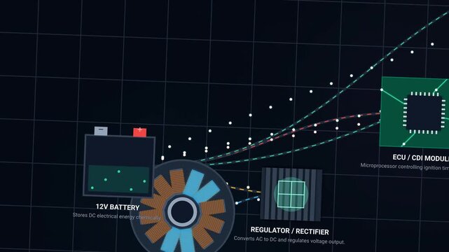 Animated infographic of a motorcycle electrical system, displaying power flow from stator and battery through the regulator, ECU, ignition coil, and spark plug to various components