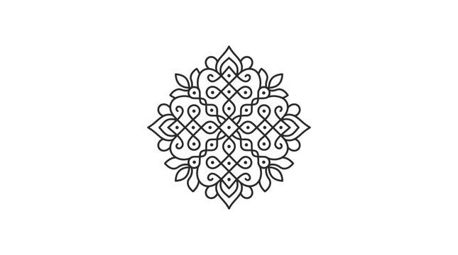A symmetrical black and white mandala design with intricate floral and geometric patterns.