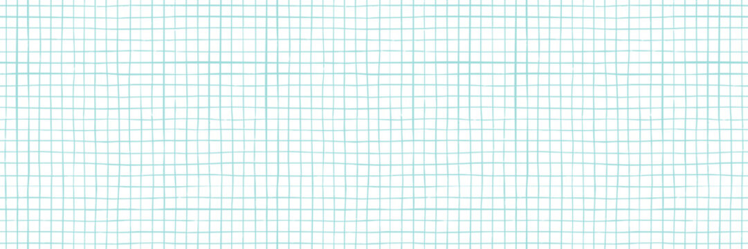 Hand drawn grid square seamless pattern. Blue grid print banner background. Notebook paper checkered seamless pattern. Doodle thin checkered blue paper texture. Mesh sheet background.